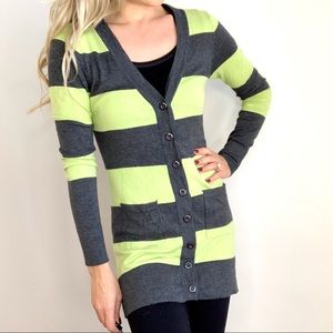 Thick Striped Long Sweater Cardigan Lime Green S